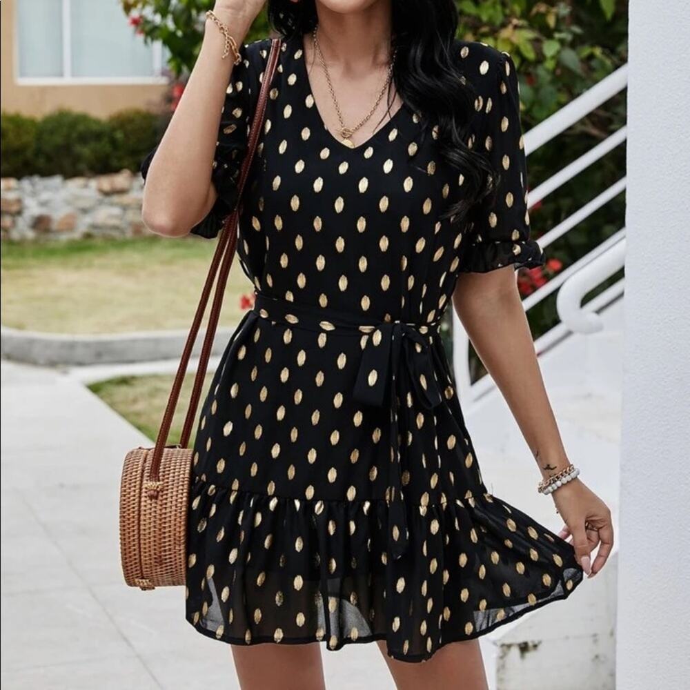 SHEIN Gold Leaf Mini Dress Tie Waist E8